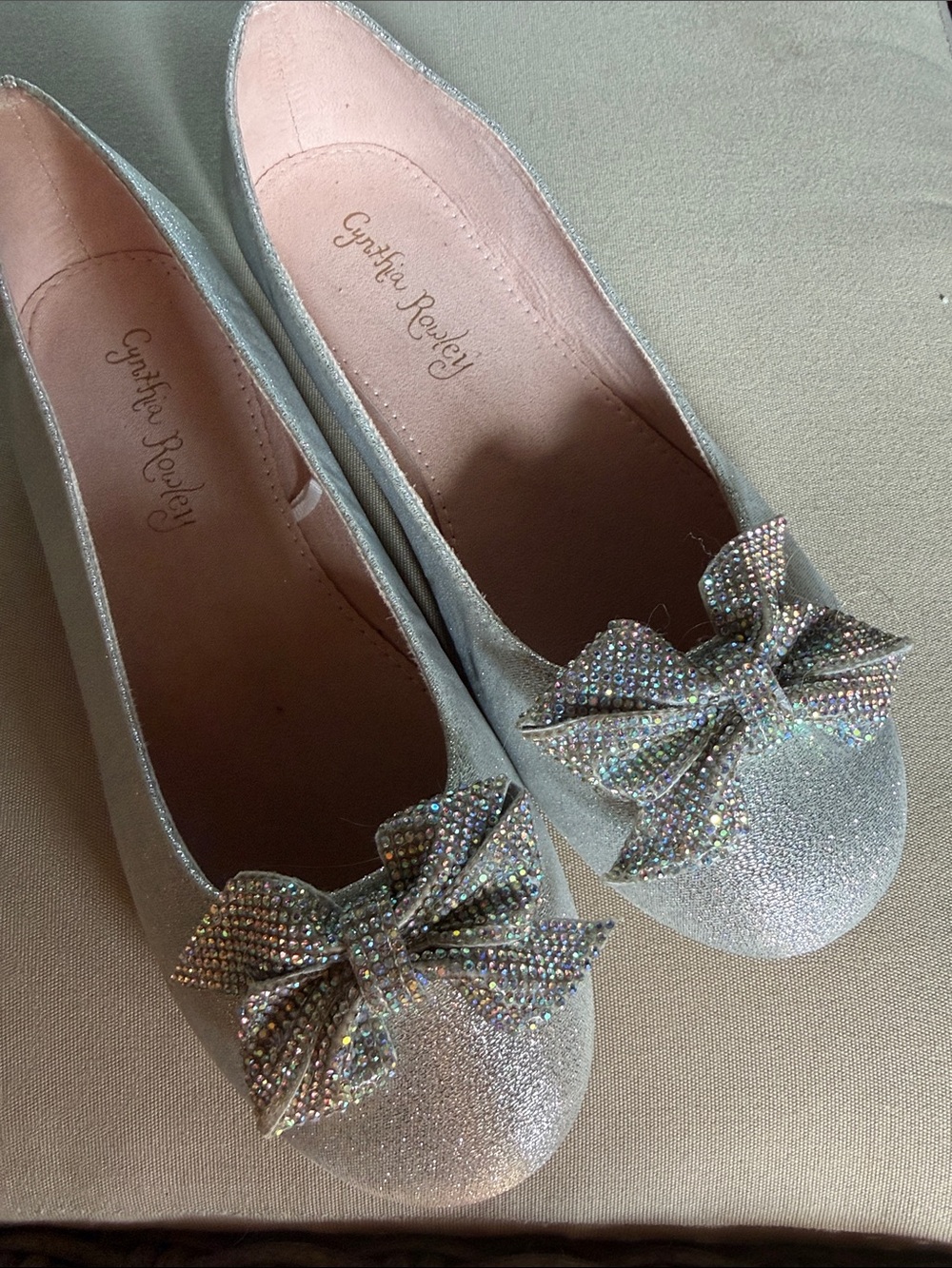 Cynthia Rowley Iridescent Silver-Glitter Rhinestone Bow Ballet Flats